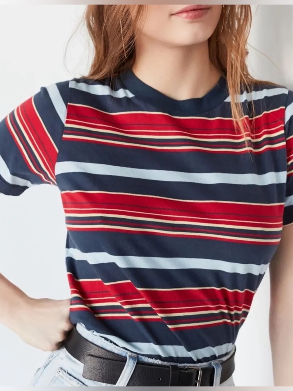 Rollas Red Navy Striped Roller Tee Baby Tee Short Sleeve size Small